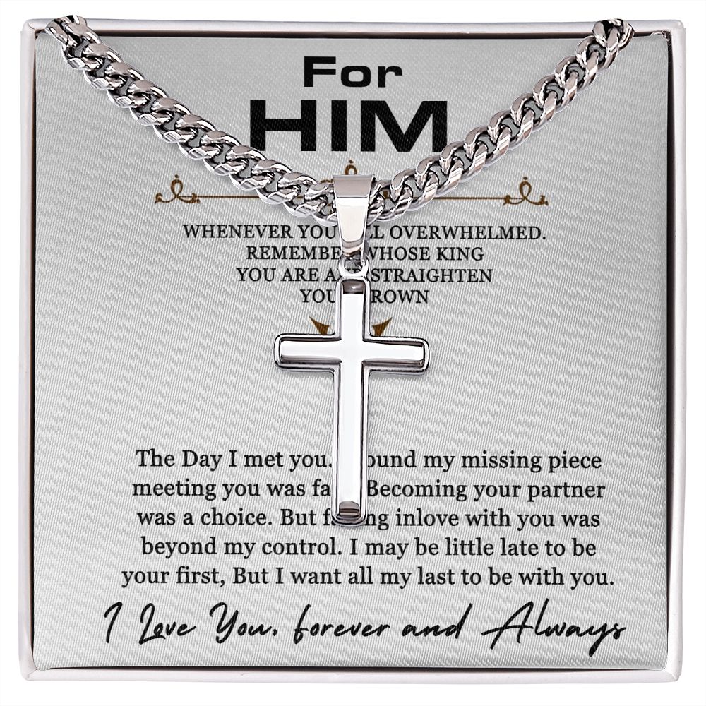 Personalized Steel Cross Necklace For Him on Cuban Chain w/ MC