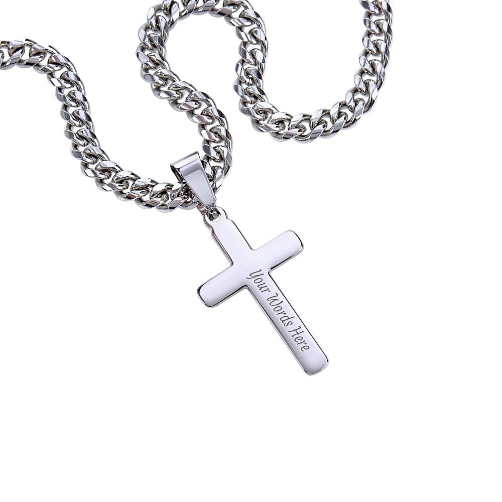 Personalized Steel Cross Necklace For Him on Cuban Chain w/ MC