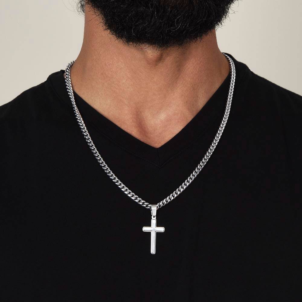 Steel Cross Necklace on Cuban Chain w/ MC to men