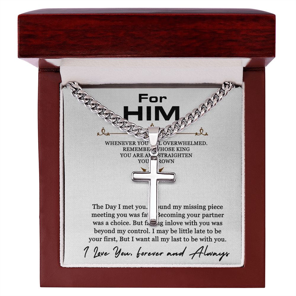 Personalized Steel Cross Necklace For Him on Cuban Chain w/ MC